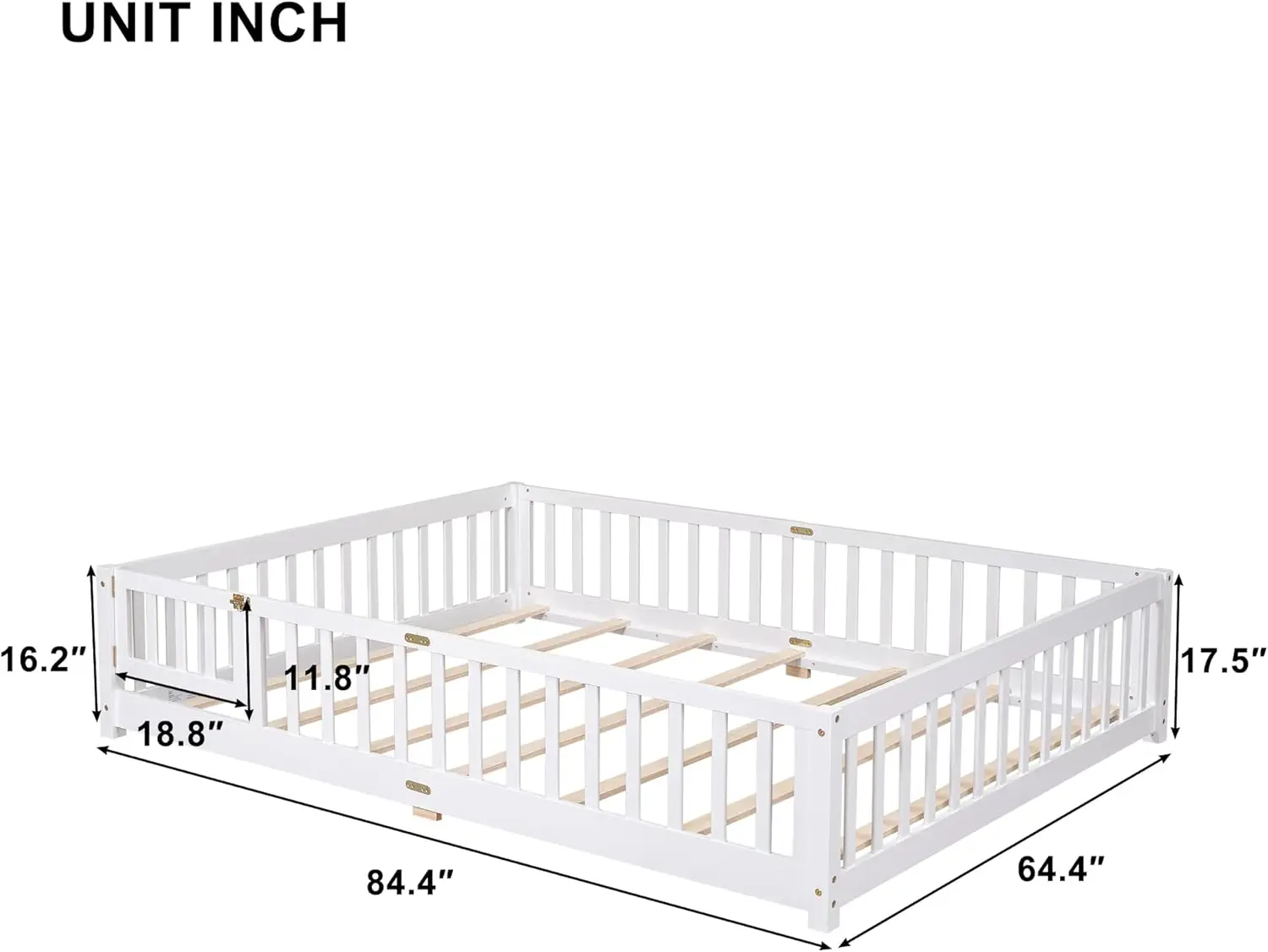 Size Floor Bed Frame for Toddler Wood Montessori Beds with Fence Railings Kids, Fun Toddlers Boys Girls, White