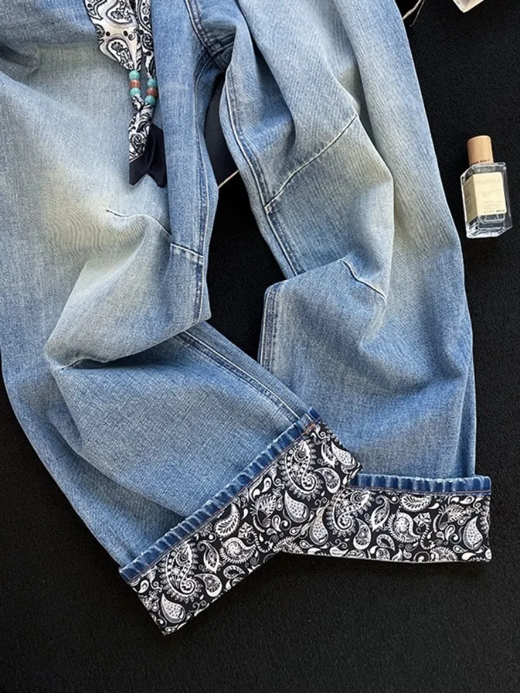 Jean épissé imprimé rétro bleu pour femme, pantalon à jambes droites, taille haute, en Denim, pour le bureau, pleine longueur, offre spéciale, nouvelle collection automne