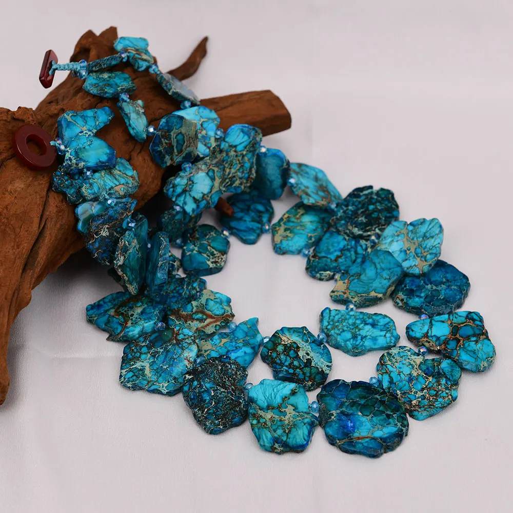G-G 22\'\' 2 Rows Mix Color Blue Sea Sediment Imperial Jasper Crystal Necklace Handmade For Women