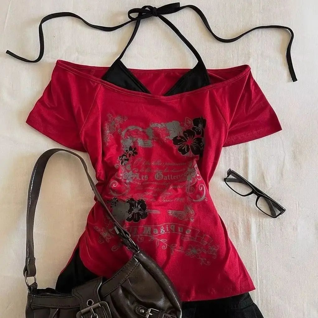 Harajuku tiefrotes komplettes Set Emo-Stil Y2K Millennium Crop Top Damen Kurzarmweste süßer und sexy lässiger Anime-Druck