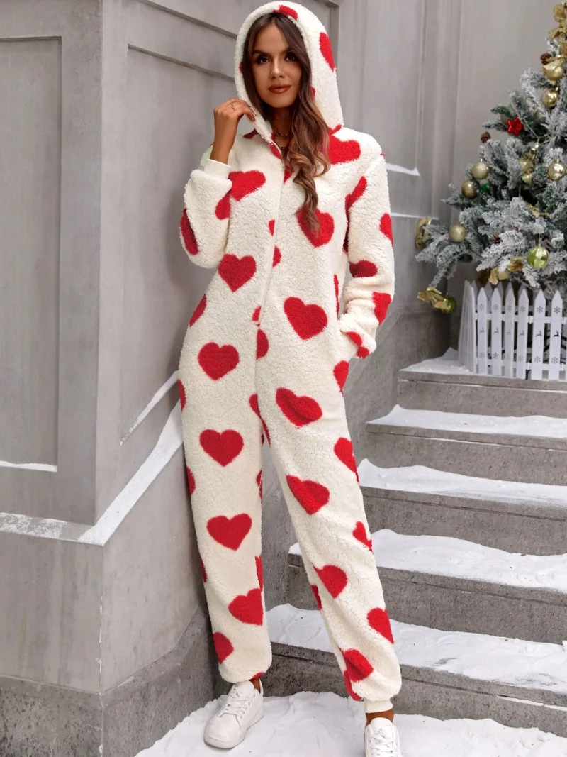 

Fashion Lovely Print Furry Jumpsuits Winter Clothes Women Long Sleeves Hooded Warm Rompers Playsuits One Pieces Overalls Outfits