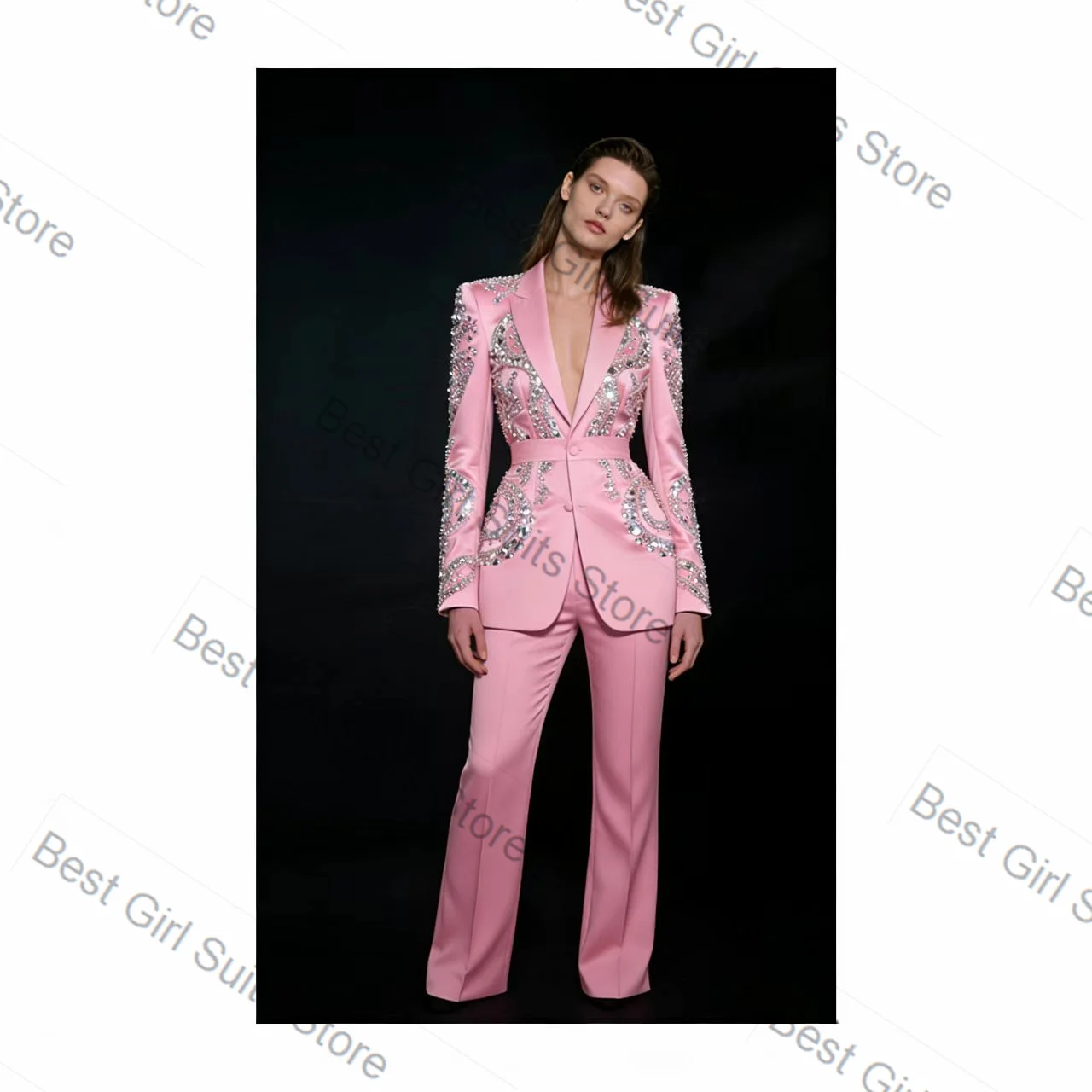 

Crystals Pink Women Suit Pants Set 2 Piece Blazer+Trousers Spring Cotton Formal Office Lady Jacket Customized Wedding Coat