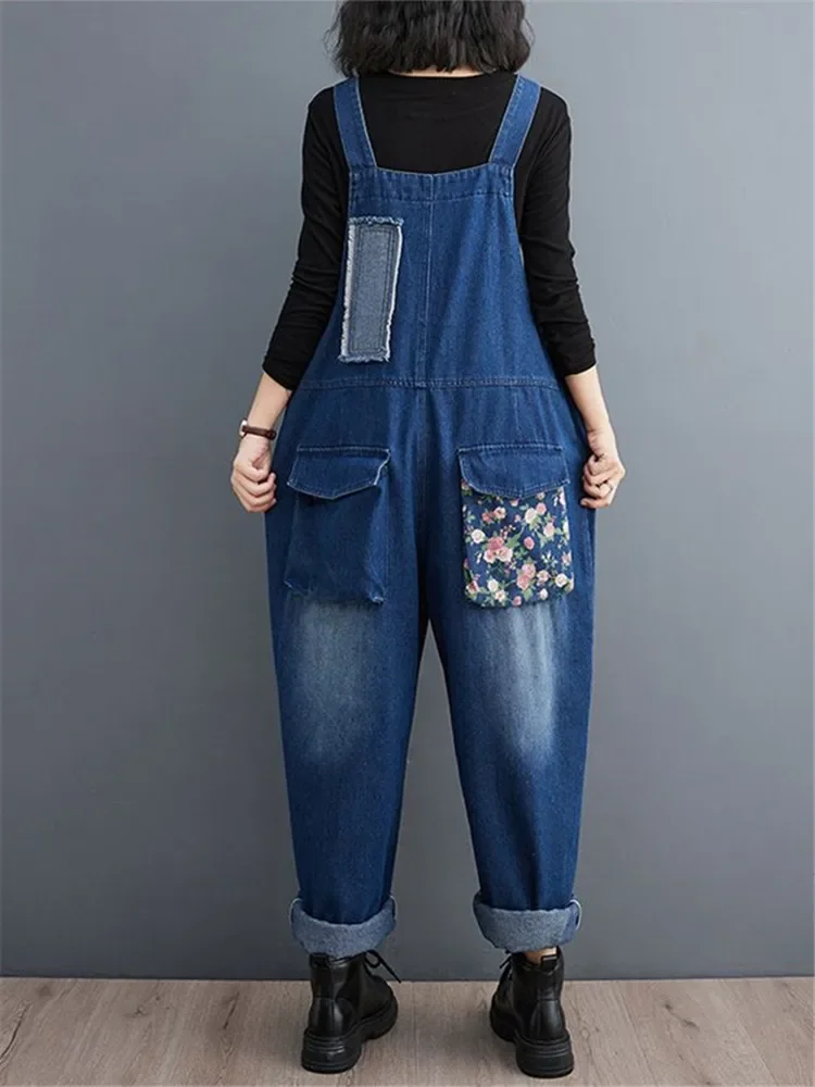 Vintage Design Denim Strap Pants spring Autumn Fashion Splicing Jumpsuit Literary Large Size Jeans For Women Overall Trousers