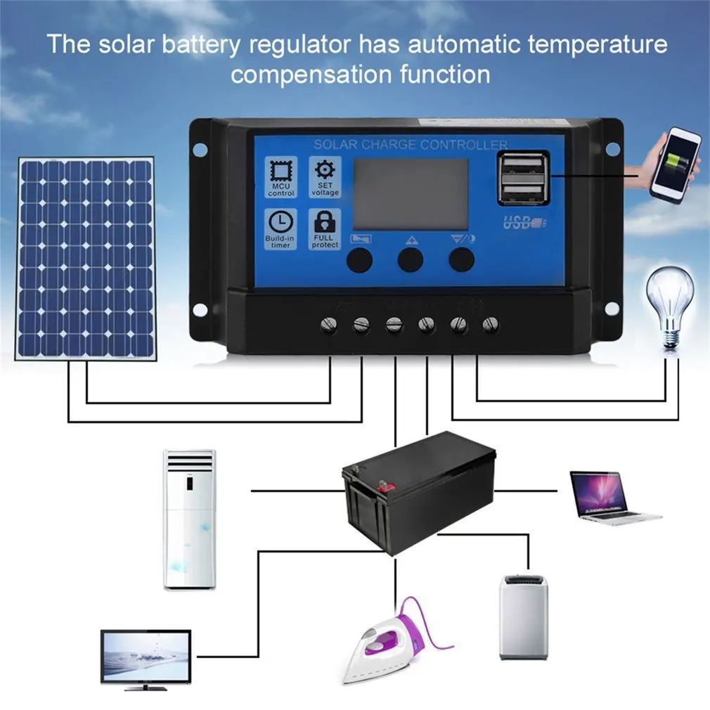 Solar Charge Controller 12V/24V PWM 10A 30A with Adjustable LCD Display Timer Setting