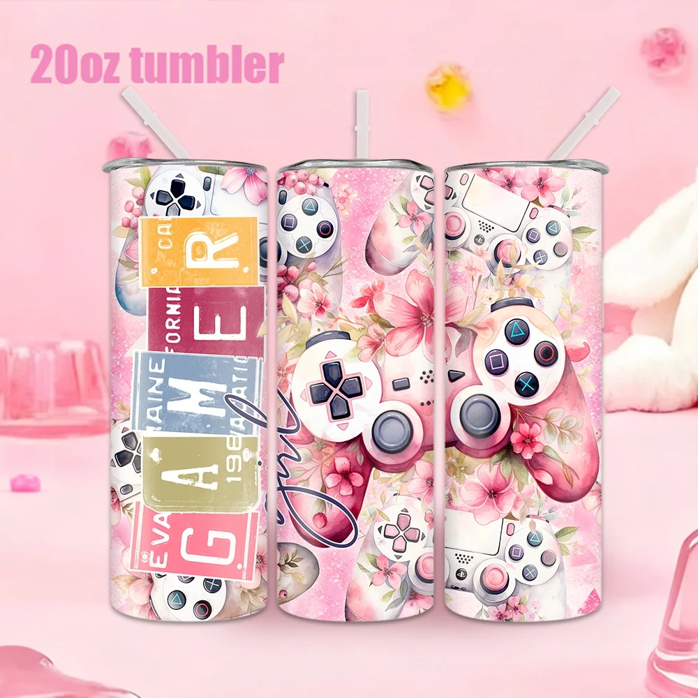 1pc Pink Floral & Game Controller Pattern Stainless Steel Water Bottle with Straw — 20oz (591ml)