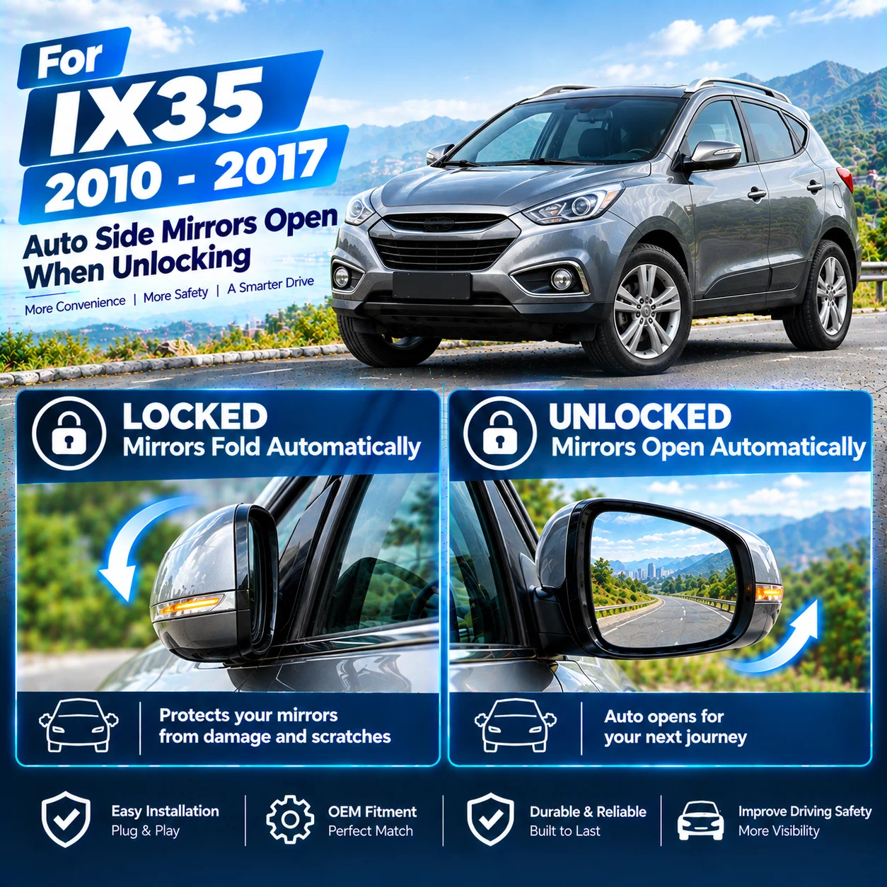 Automatic side mirror folding module for Hyundai IX35(10-17): folds upon locking, unfolds upon unlocking.
