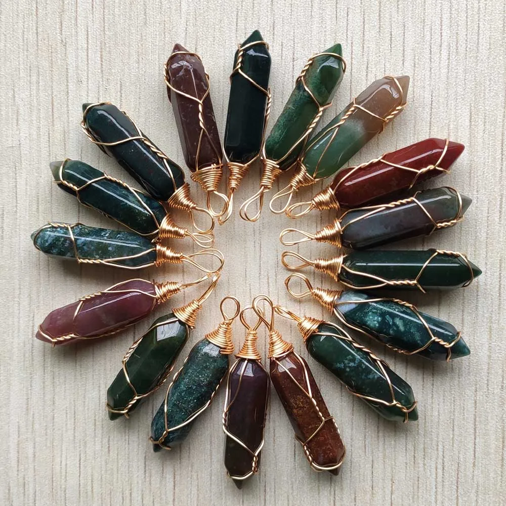 

Natural india agates handmade gold-plate wire pillar shape pendants for jewelry making free shipping Wholesale 24pcs/lot