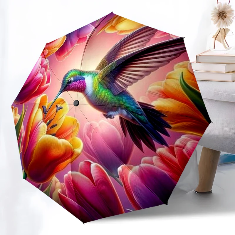 Hummingbird Flower Folding Umbrella Fashion Auto-Open Design 8 Iron Ribs Plastic Handle Foldable Sunshade Perfect Christmas Gift