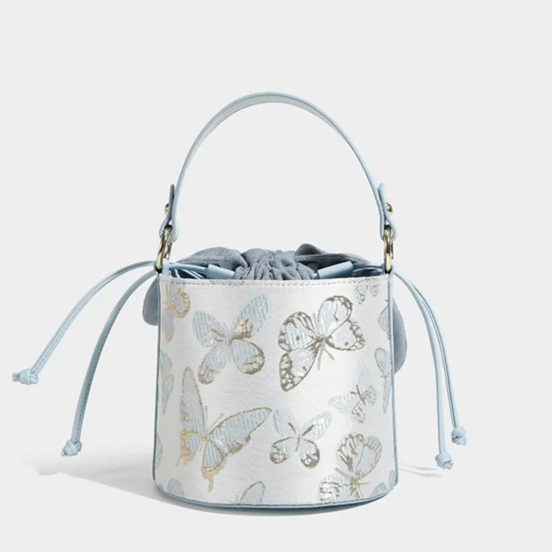 Sweet Lovely Blue Bucket Handbag Women Butterfly Embroidery Cylinder Shoulder Bag Ladies Vintage Versatile Casual Crossbody Bags