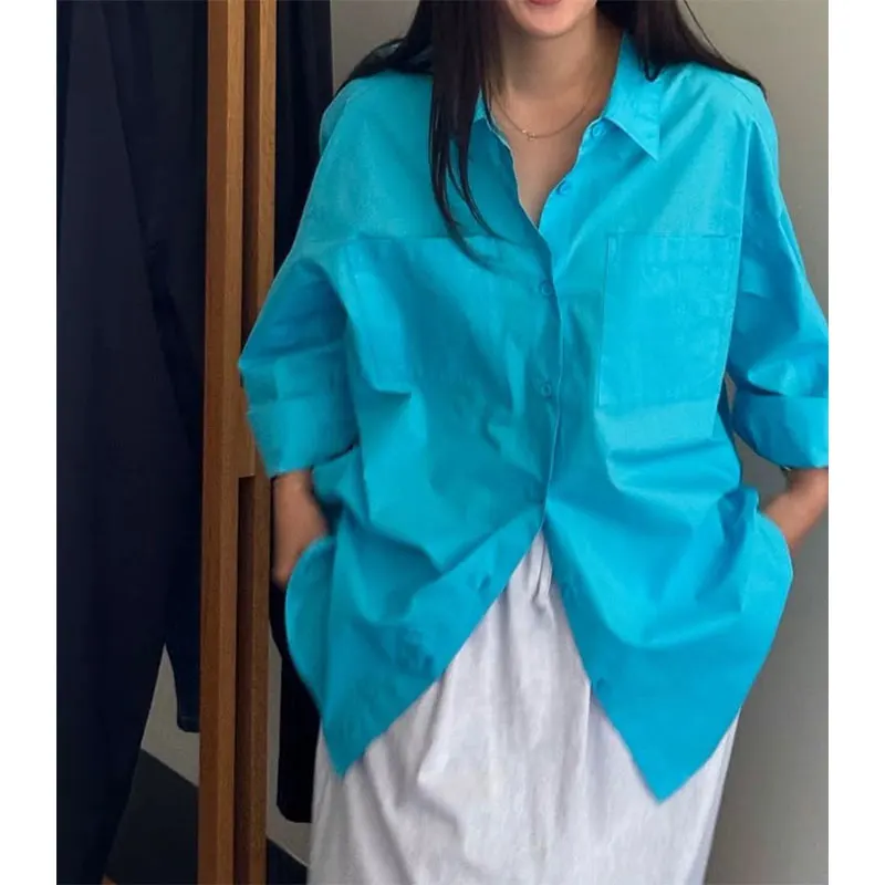 

Water Blue Long Sve irt Women's Casual Sle Loose Fit Button up Collar Single Button East Gate 25 Autumn Faionable An...
