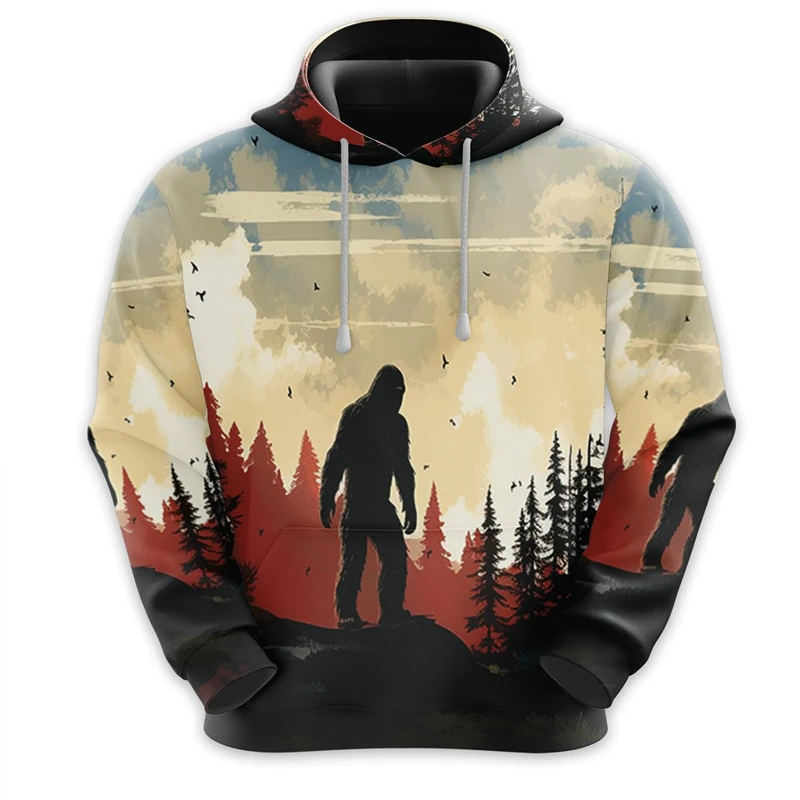 Fashion Bigfoot Graphic Hoodies For Men Casual Vintage 3D Orangutan Printed Kids Hooded Sweatshirt Loose Streetwear Pullovers