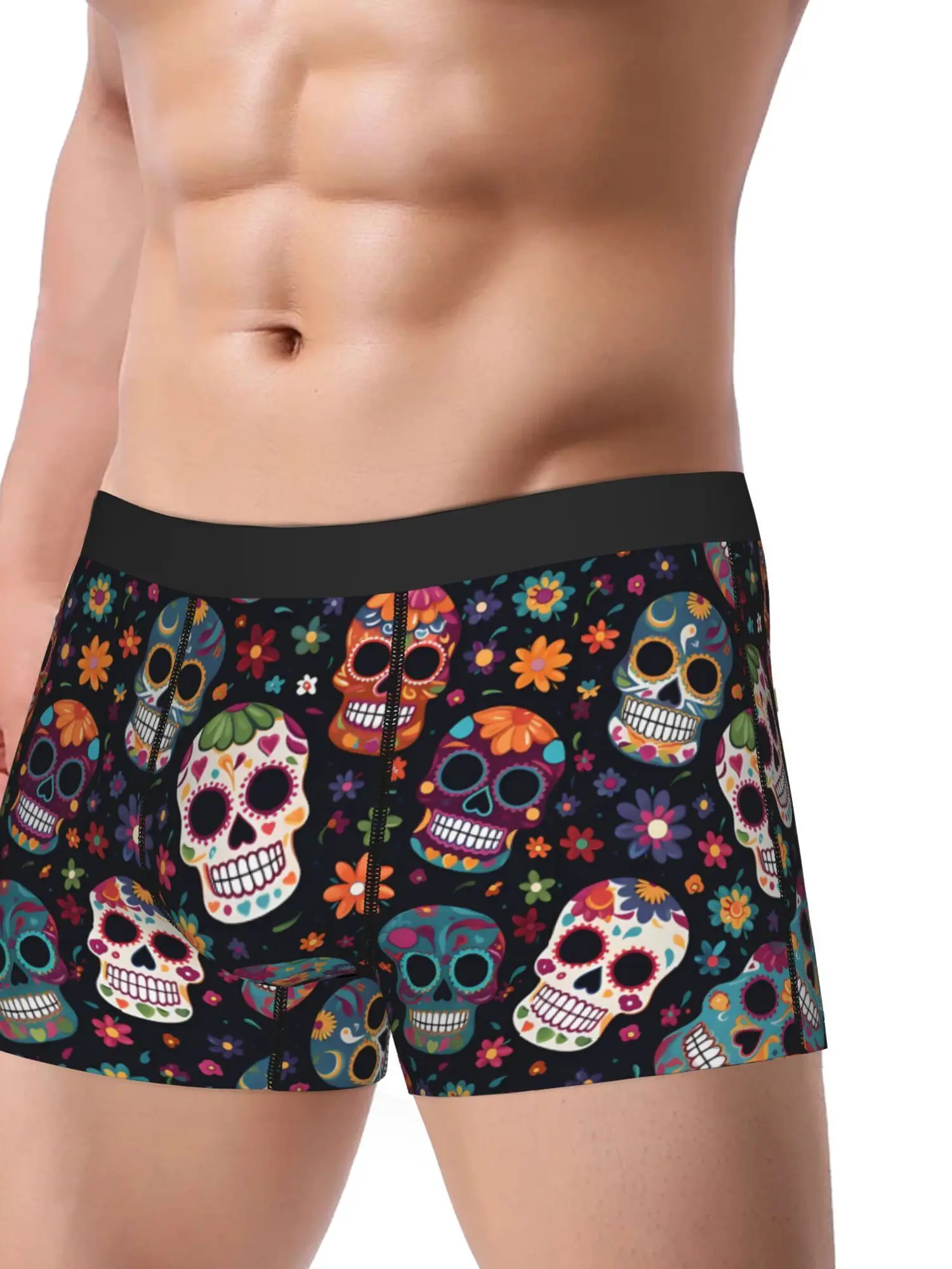 BIIHUDU Men's Candy Skull Underwear - Colorful Skull & Floral Print Boxer Briefs, Stretchy Comfort Fit, Día de los Muertos Inspi