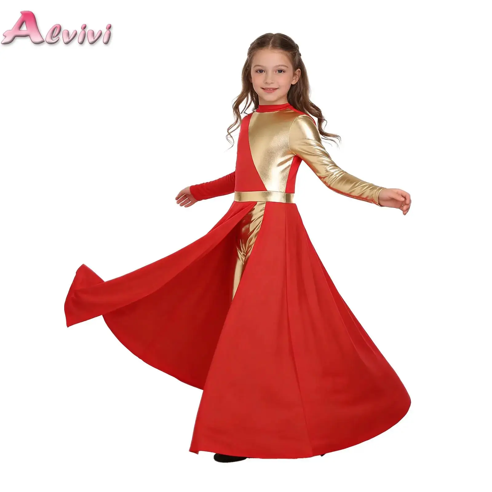 Kids Girls Worship Church Choir Costume Color Block Long Sleeve Ankle Length Praise Dance Split Dress with Built-in Leggings
