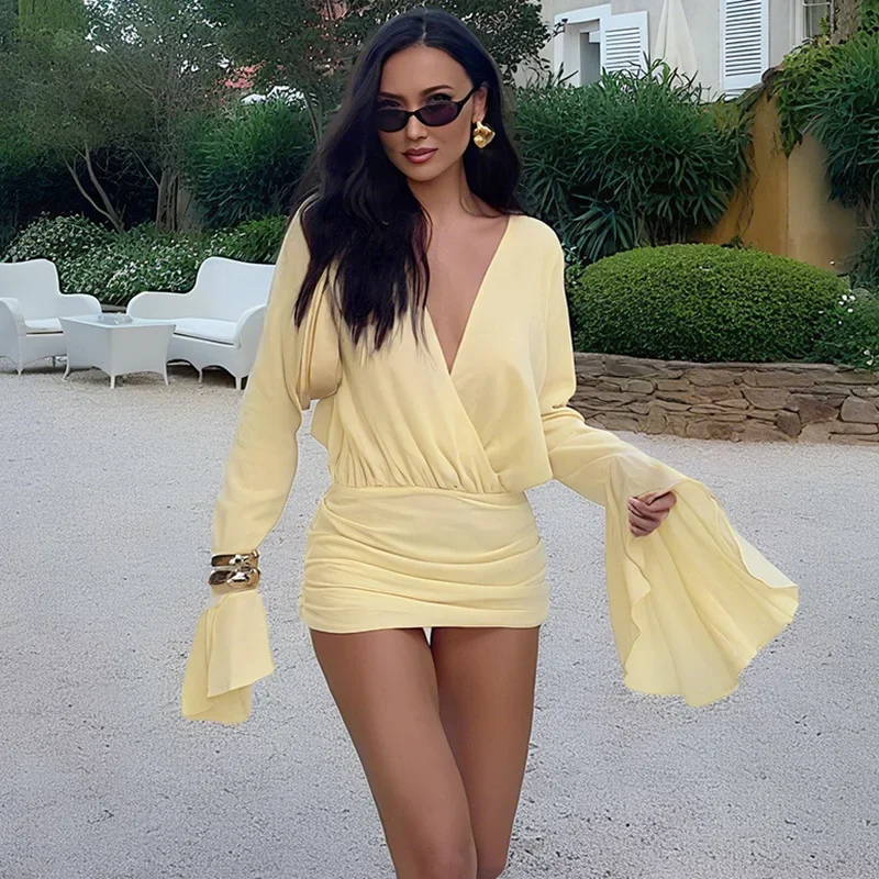 

High Waist Flare Sleeve Dress For Women Sexy Deep V neck Pleated Mini Dress Elegant Slim High Waist Female Fashion Dress
