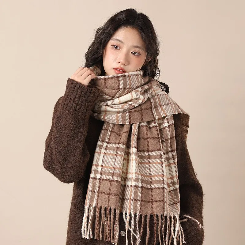 Plaid Scarf for Women Autumn Winter Thickened Faux Cashmere Warm Protective Versatile Myla Blue Neck Wrap