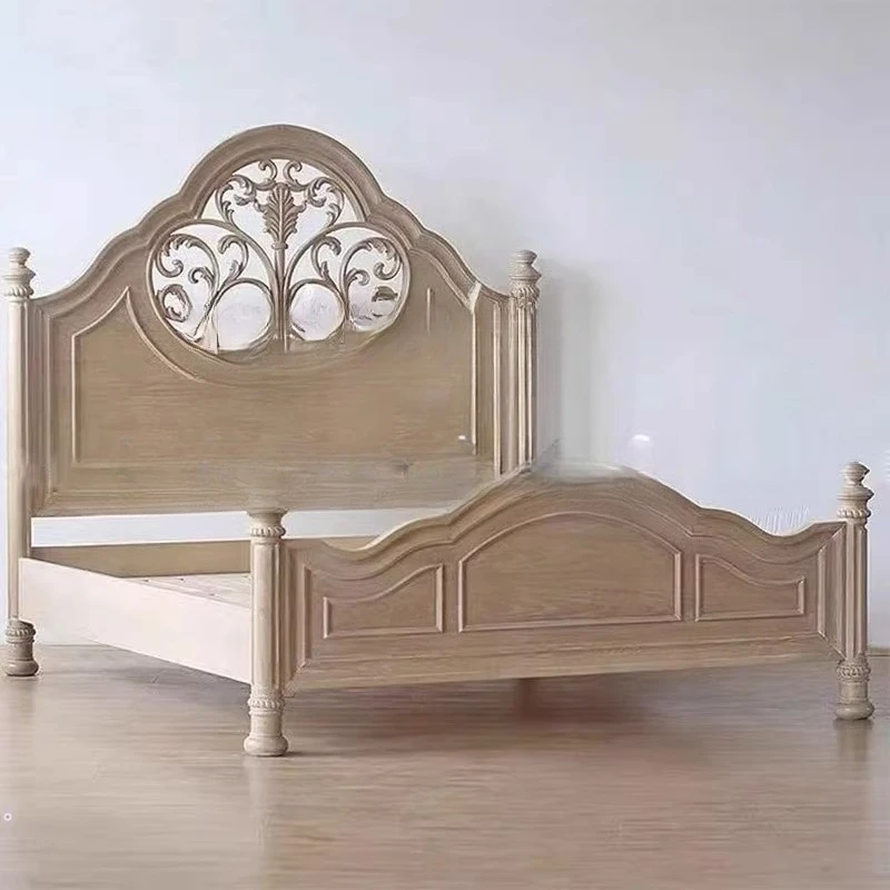 Village solid wood carving flower high backrest double bed, French model room modern master bedroom 1.8 meters wedding bed