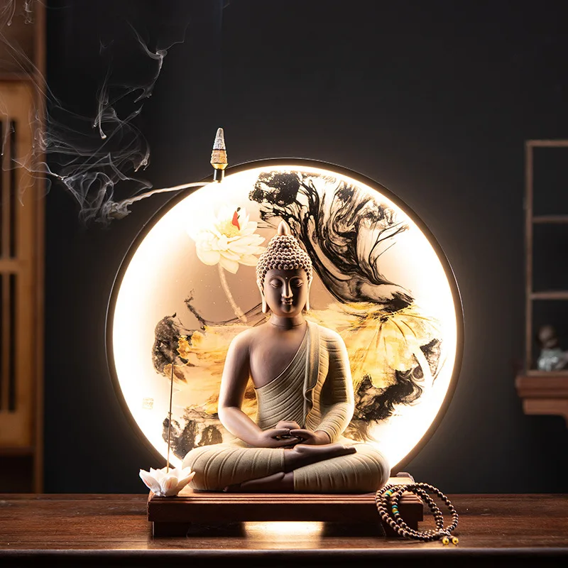 LED Light large figure of Buddha Waterfall Backflow Ceramic Back flow Incense Burners Incense Holder