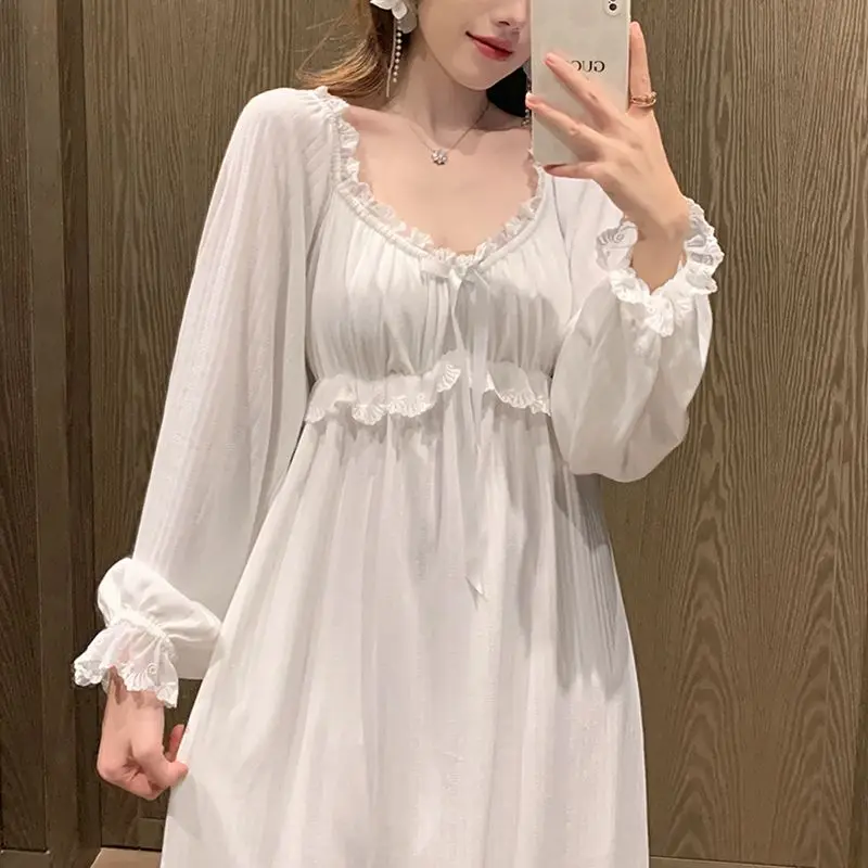 Lace Women Nightgown Korean Sleepwear V-neck Nightwear Solid One Piece Pajamas Padded Autumn Sleeping White Elegant Night Dress