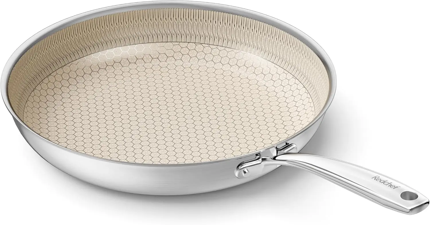 

nonstick skillet with heat-resistant handle, featuring a three-layer stainless steel and aluminum composite construction.