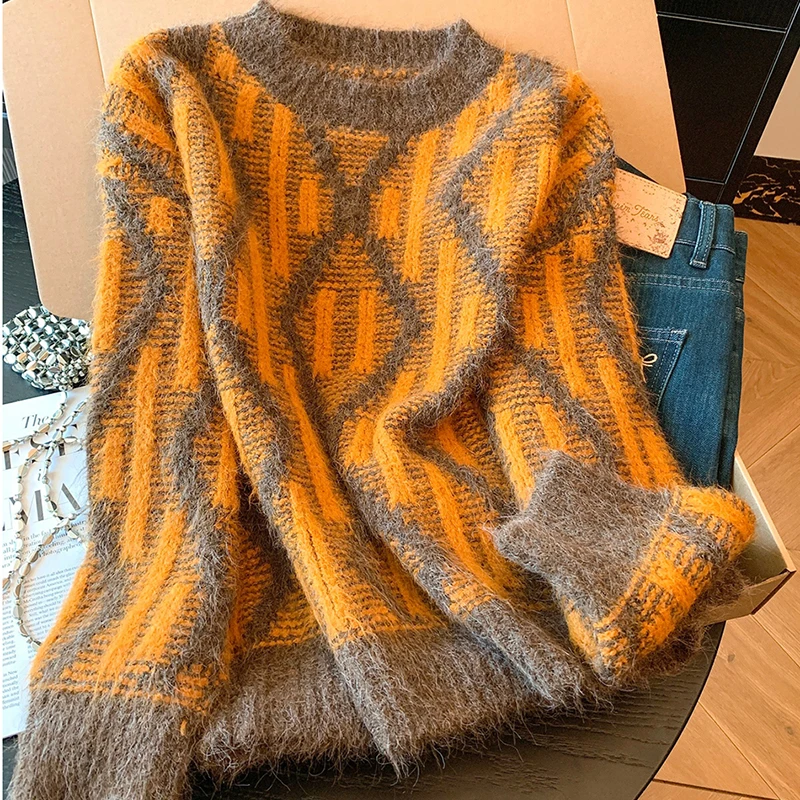 

Women‘s Knitted Warm Sweater Autumn Winter New Vintage O-Neck Knitting Pullovers Korean Loose Contrast Long SleevePullover