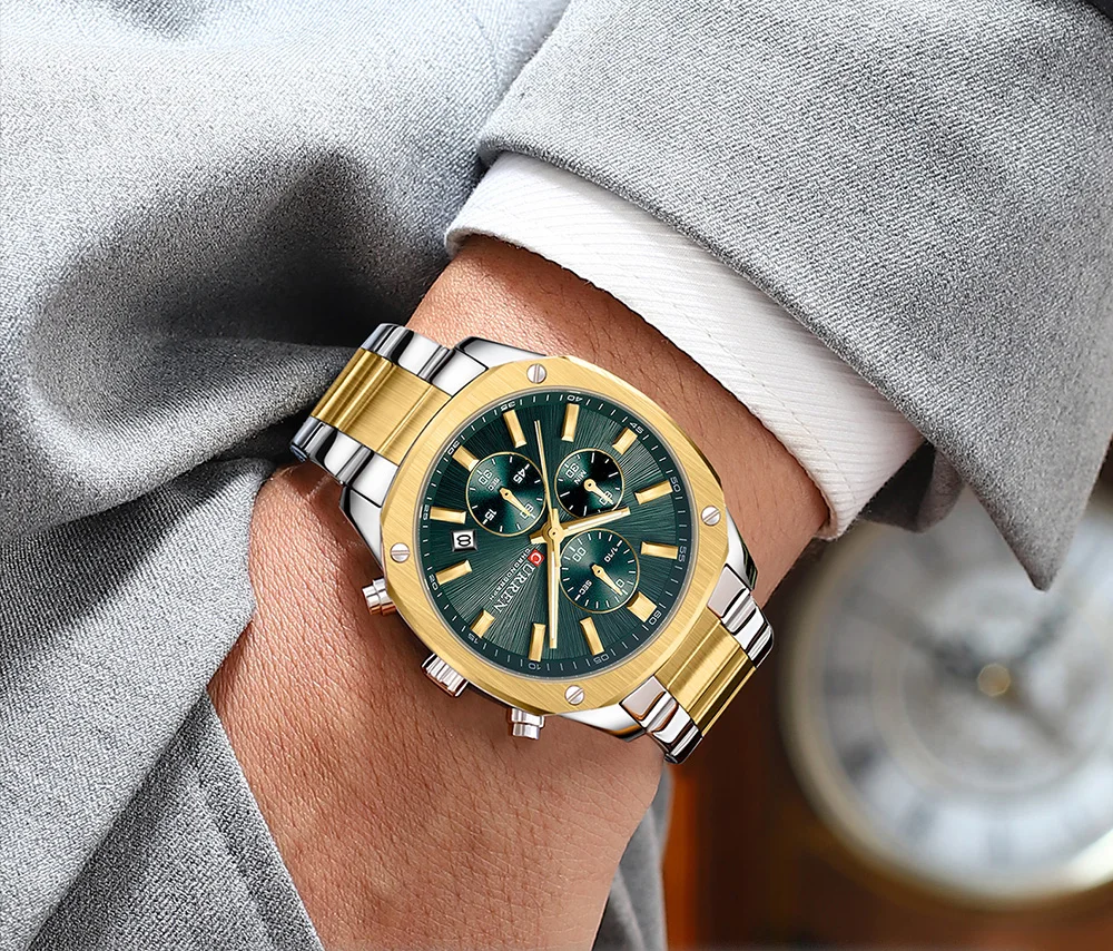 CURREN Business Casual Chronograph Uhr für Herren mit Edelstahlarmband und schwarzem Zifferblatt, leuchtenden Zeigern - Quarzwerk – Detail 10