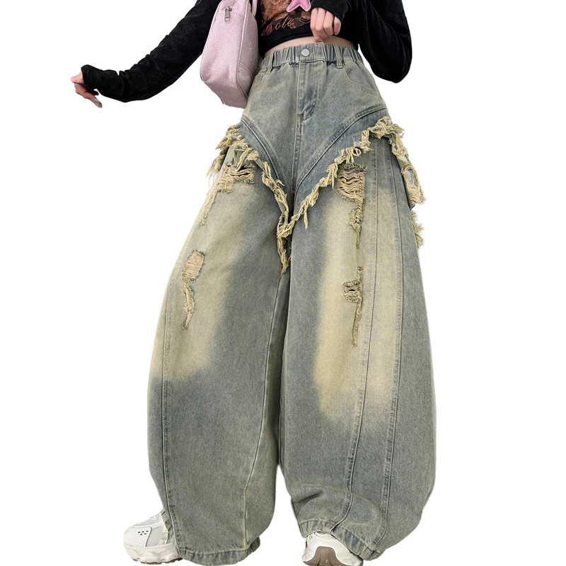 Jeans For Girl Vinatge Tassel Hole Design Wide Leg Pants Spring Autumn Children Casual High Quality Teenager Clothes 4-14 Years