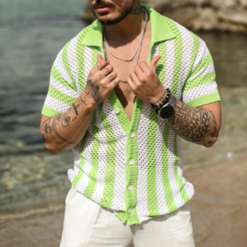 Casual Loose Short Sleeve Hollow Out Shirts Knitted Mens Striped Patchwork Beach Shirt Cardigan Men Summer Fashion Lapel Shirts