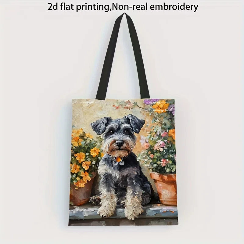 1pc High-Quality Large Capacity Reusable Tote Bag with Adorable Schnauzer Dog & Floral Design – Perfect for Shopping
