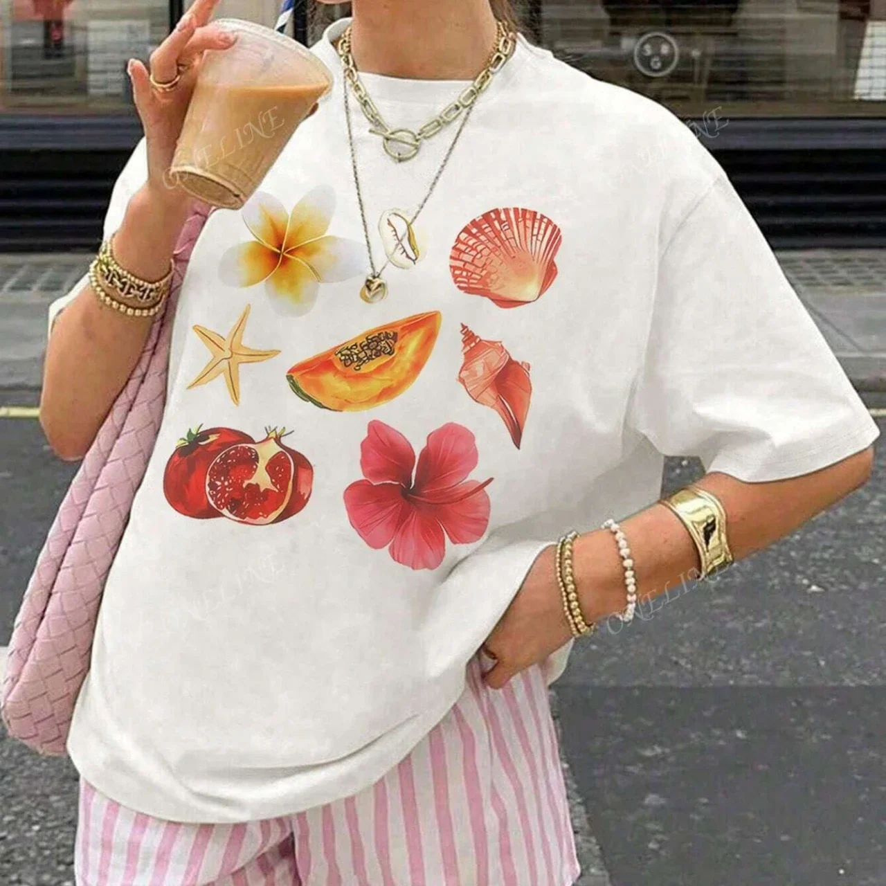 Seashell Fruit and Flower Print Women's Spring Summer Y2K Fashion Casual Versatile Vacation Style Short Sleeve T Shirt