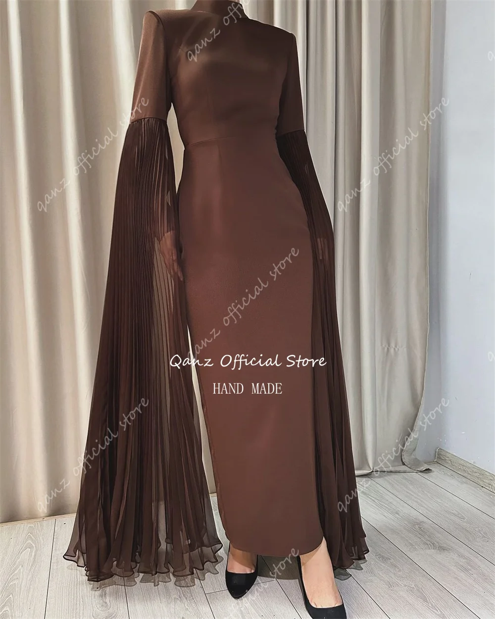 Qanz Classical Brown Evening Dresses Cape Sleeves Satin Vestidos De Fiestas Elegantes Customized Mujer Long Prom Dresses