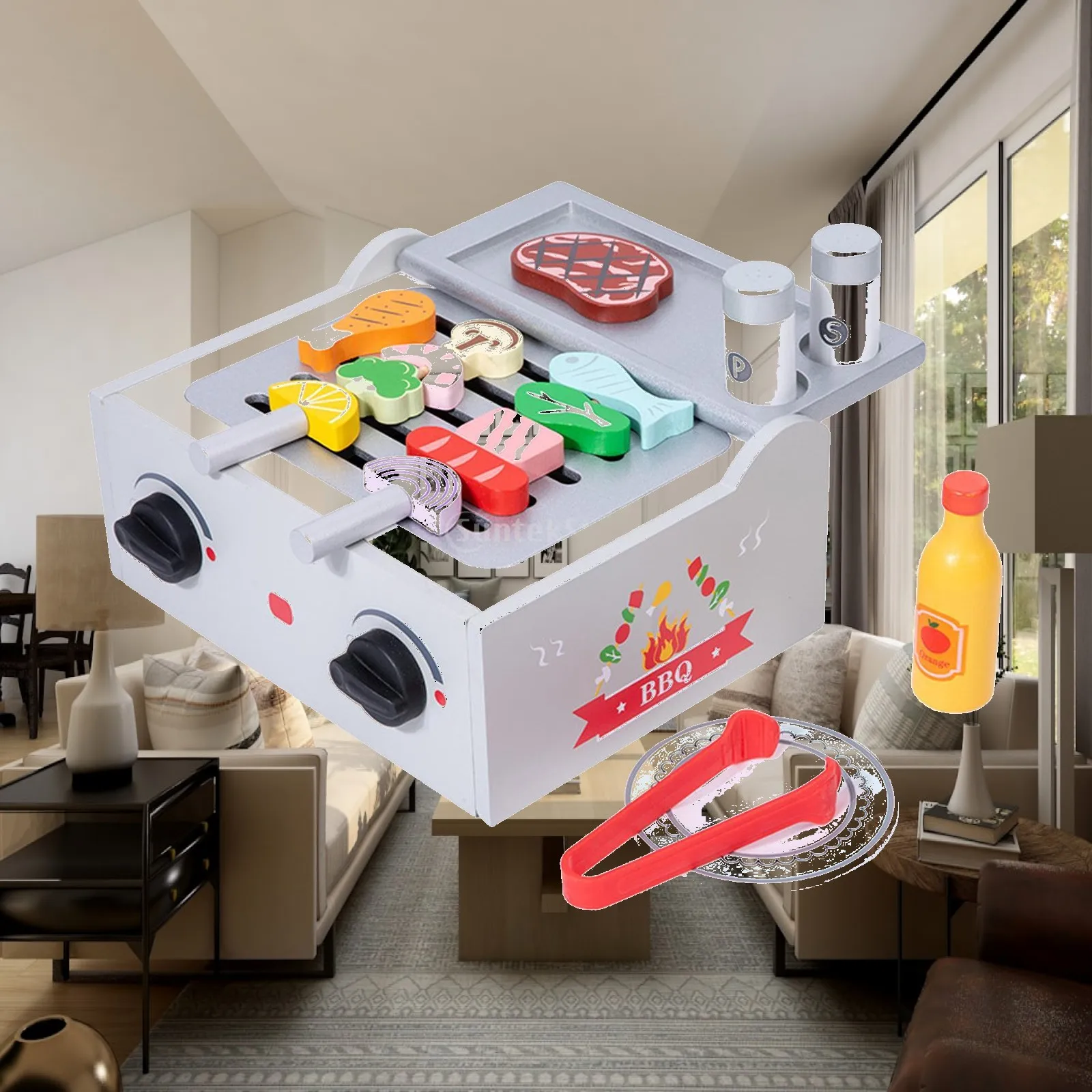 子供用木製bbqグリルプレイセット、バーベキュートイ、ごっこ遊びキッチンおもちゃセット、バーベキュークッキングゲーム、男の子女の子向けギフト