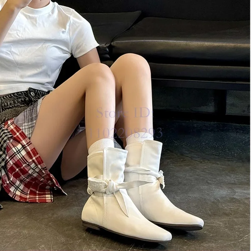 

White Butterfly-knot Chelsea Ankle Boots Vintage Square Toe Flat Leather Low Heels Slip-on Shoes 2024 Women's Slim Western Boots