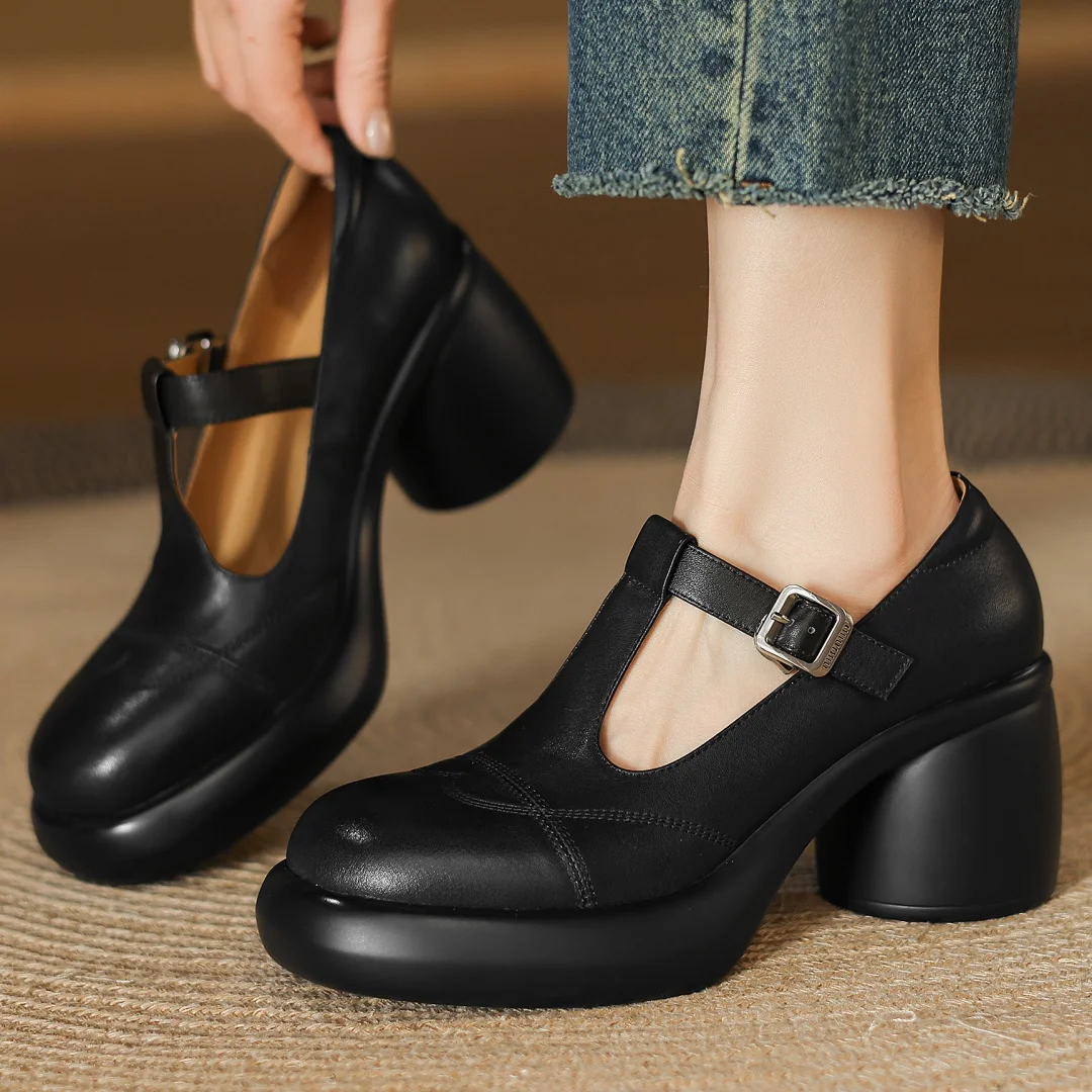 

Danxuefei/женские туфли-лодочки без шнуровки из коровьей кожи с узким ремешком и Т-образным ремешком, женские туфли высокого качества на платформе и круглом массивном каблуке 7 см