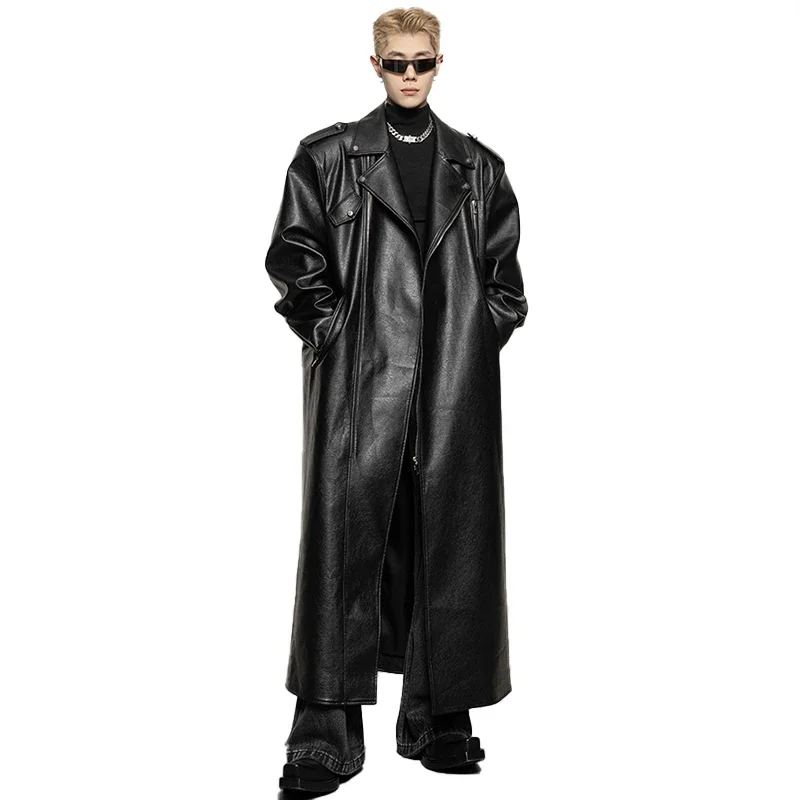 激レア♣︎evoke wool Leather P-COAT 袖レザーピーコート Mauroicardi Spring Autumn Oversized Cool Extra Long Black Pu