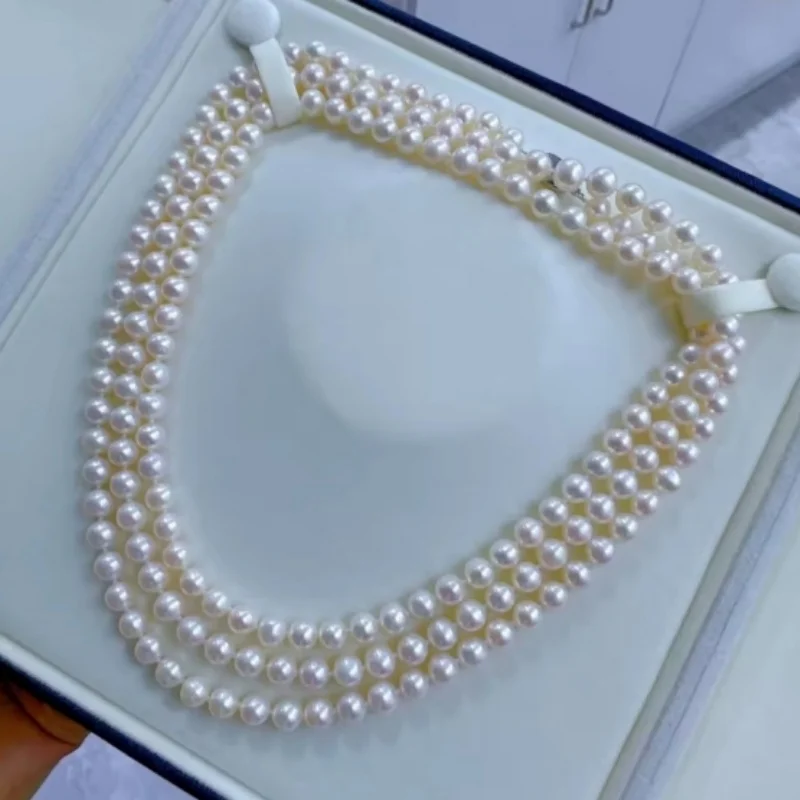 Exquisite Natural round Japanese Pearl Necklace AAAA 7-8mm 925 Silver 35inch 50inch Length Elegant Jewelry Accessory