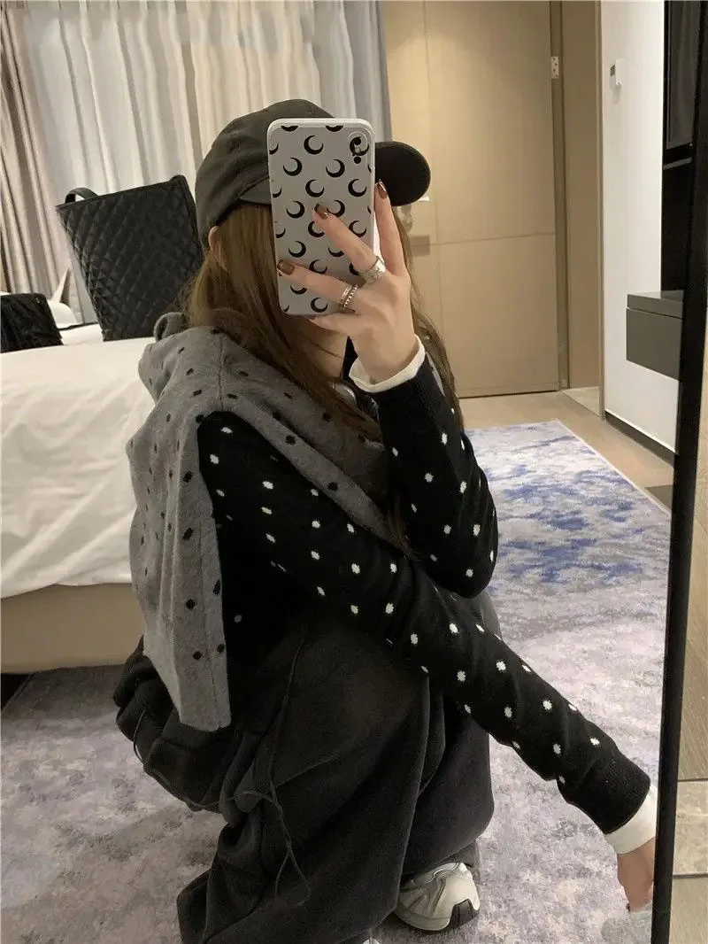 Korean Fashion New Knitted Women Tops Cardigan Polka Dot O Neck Long Sleeve All Match Knitting Outwear Cardigans Female Clothing