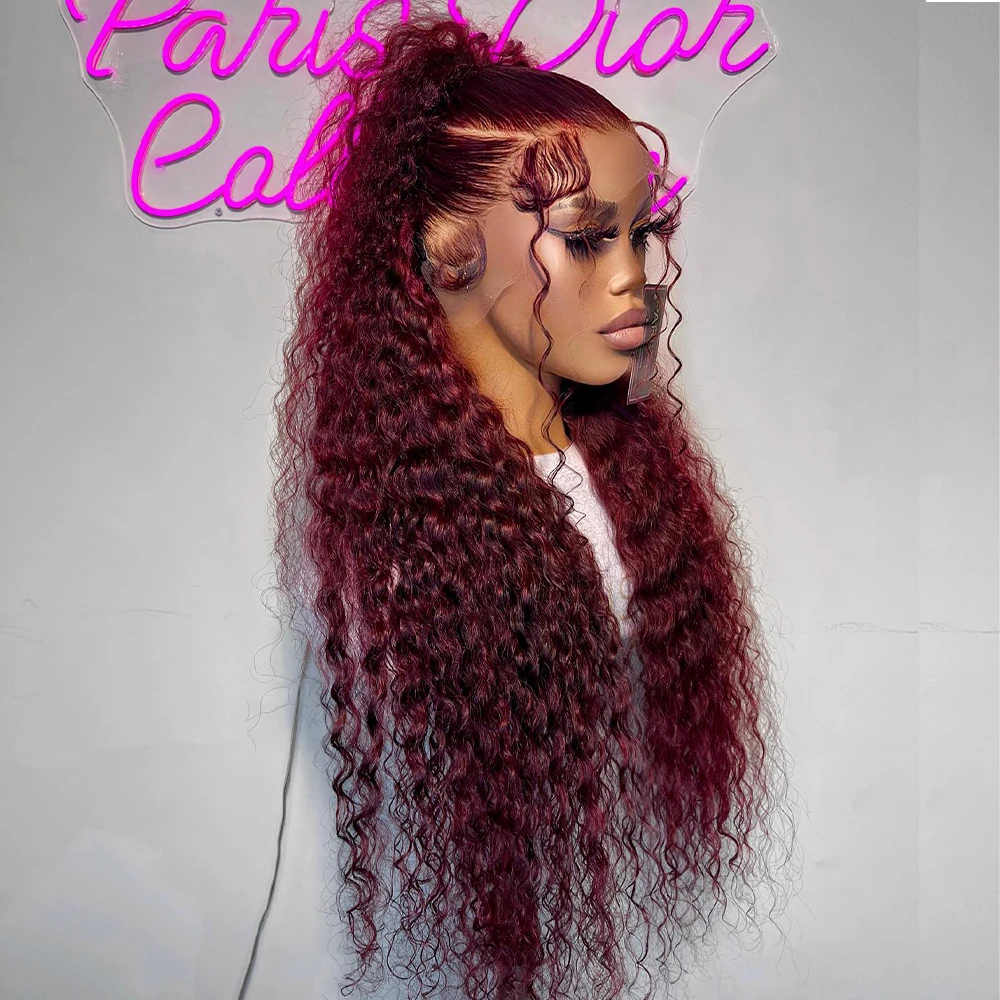 Parrucche Glueless a onda profonda di colore bordeaux 99J 13 × 6 Parrucche anteriori in pizzo trasparente HD 36 pollici Parrucca per capelli umani al 100% a densità 400 per le donne
