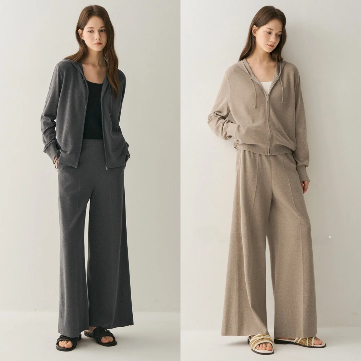 Commuting Knitwear Set with Hooded Pants And Drawstring Slimming Top Korean Style Long Sleeve Breathable Skin-friendly