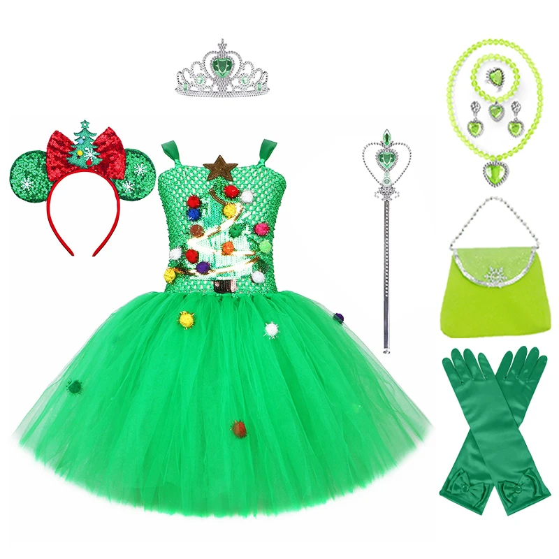 Green Christmas Tree Tulle Dress Crown Magic Wand Bag Glove Necklace Bracelet Ring Earrings Set Christmas Party Cosplay Costume