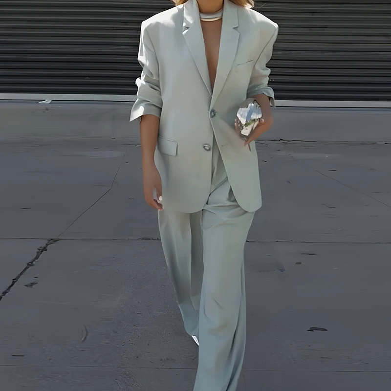 

Autumn Winter New Solid Color Two Piece Retro Streetwear Loose Office Suit Women's Lapel Long Sleeved Jacket and Pants Outfits