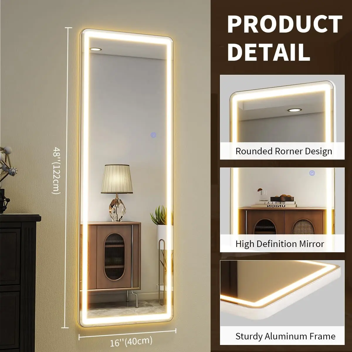 LED Door Mirror Full Length, 16x48 Rounded Coner Full Body Mirror with Lights, Free Standing Lighted Floor Mirror with Touch Con