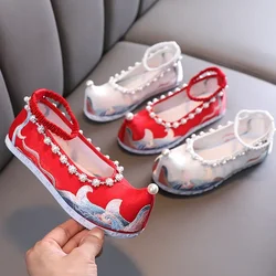 Ragazze Hanfu scarpe per bambini appartamenti ricamati bambini Vintage stile cinese vecchie scarpe di stoffa di pechino perline da ballo strass