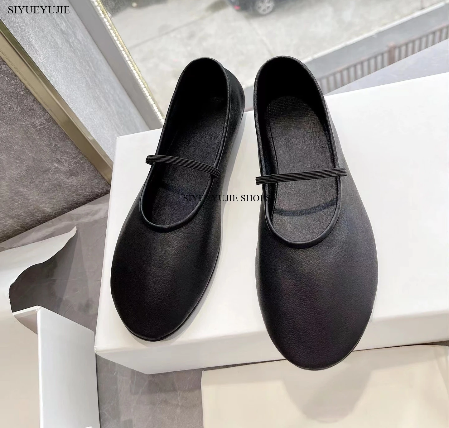 Brand New Genuine Leather Real Leather Ballet Flats Shoes Women Black Chic Elastic Strap Mary Jane BALLERINA Shoes High Quality