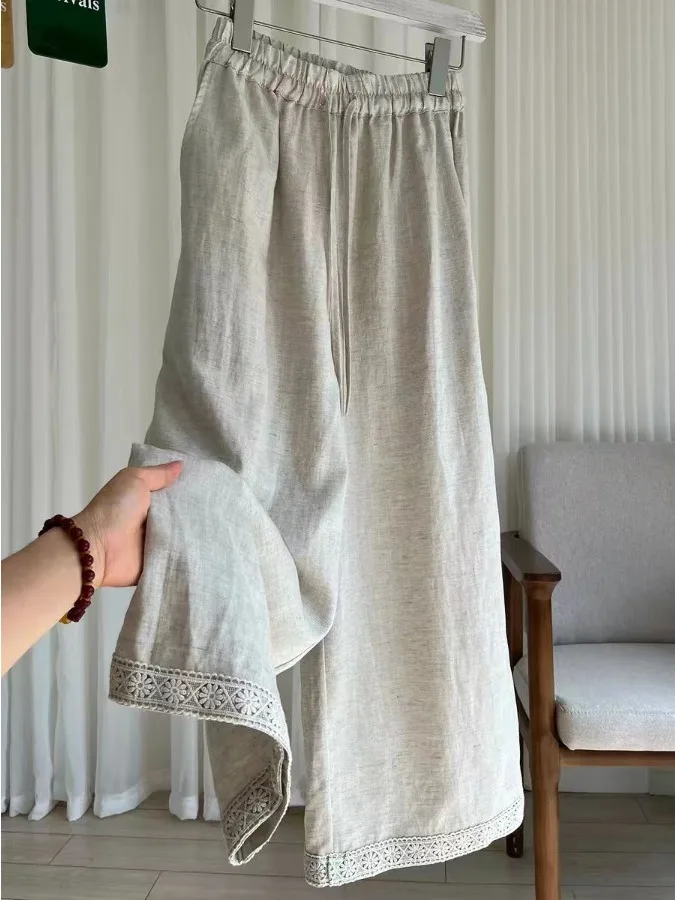 

Ретро-брюки с широкими штанинами однотонного цвета, женские, свободного кроя, повседневные, прямые, тонкие, с кружевными вставками, повседневные брюки со средней посадкой