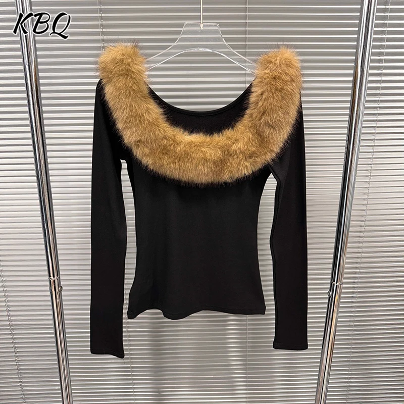 

KBQ однотонная утягивающая футболка с перьями для женщин, круглый вырез, длинный рукав, темпераментные шикарные топы, женские модные стильные зимние топы