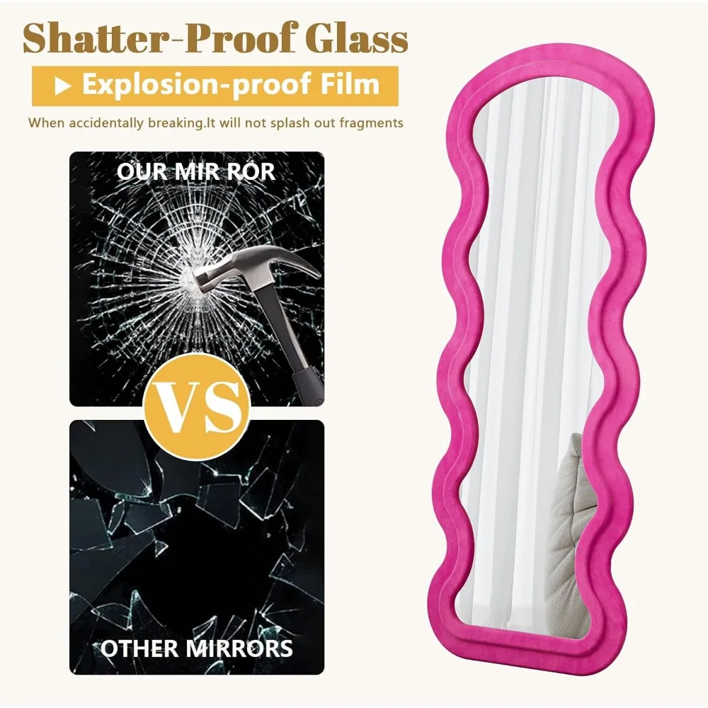 Grande espelho de chão ondulado de comprimento total com tecido de flanela, espelho de parede independente de 63 x 24 para visualização de corpo inteiro