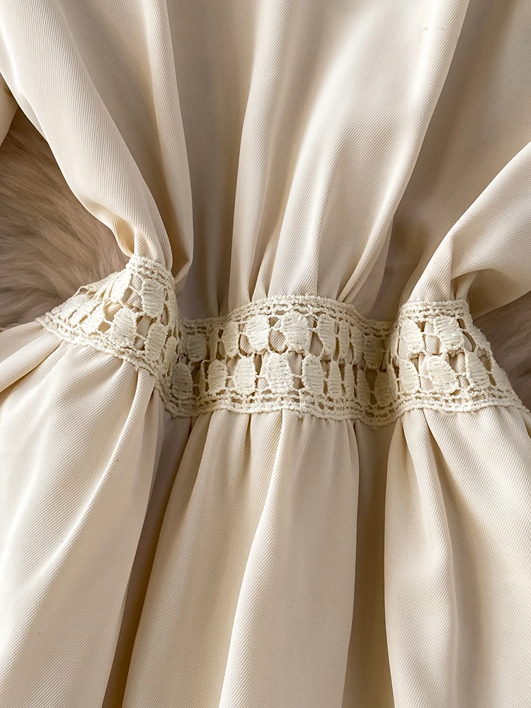 Mulheres no outono vestido francês socialite estilo suave damasco em torno do pescoço rendas retalhos cetim saia longa vestidos femininos ds227