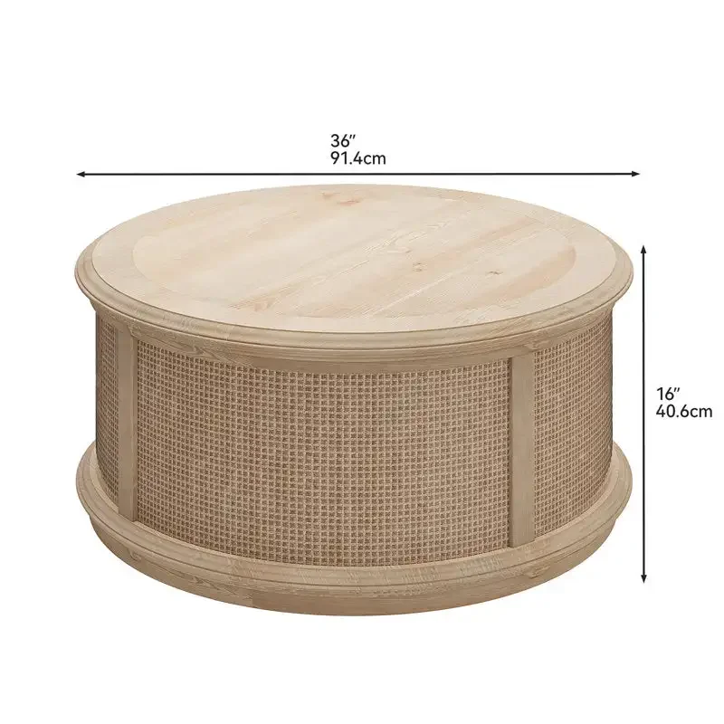 Modern rattan lift table with hidden storage drum design for modern coastal interiors