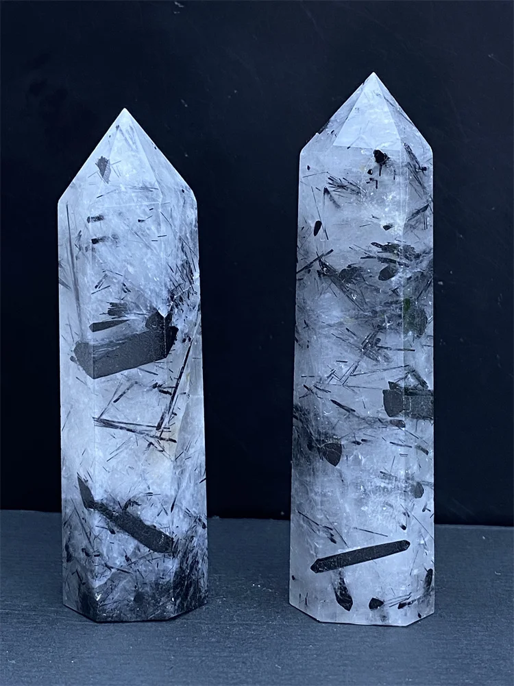 Natural Crystal Black Tourmaline Quartz Point Crystal Tower Healing Stone Hexagonal Obelisk Feng Shui Aura Ornaments Home Decora