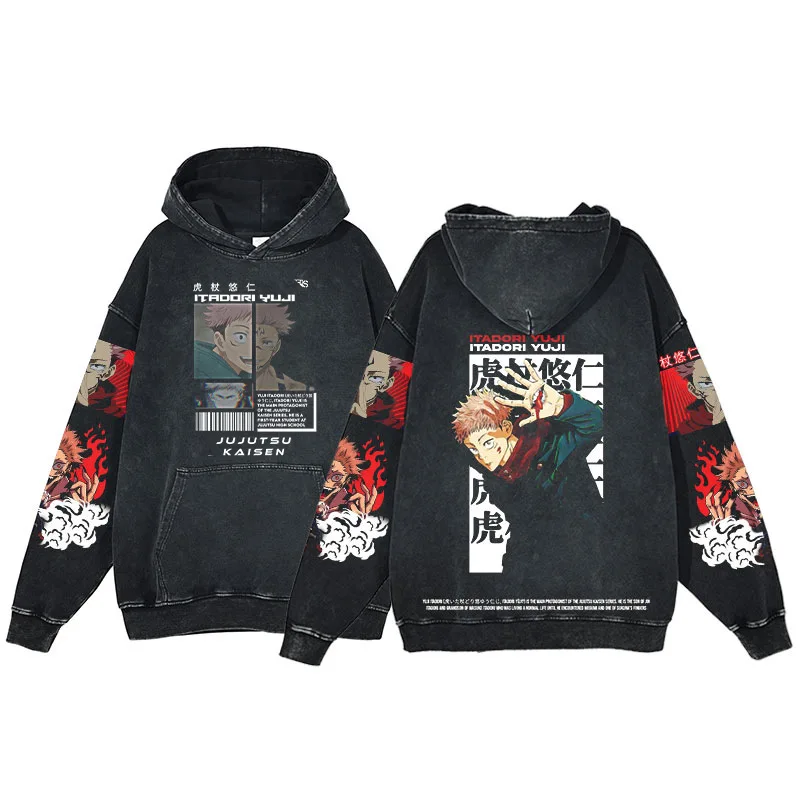 Hoodie dicuci Retro Amerika untuk pria dan wanita Anime Jepang Hoodie Five Wu untuk melakukan baju tua pakaian Batik uniseks